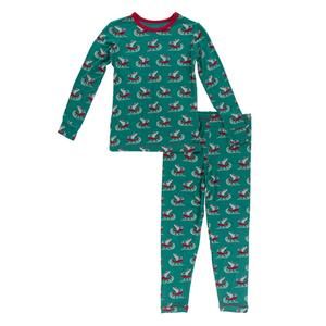 NEW KICKEE kids' bamboo print long sleeve pajama set in ivy sled